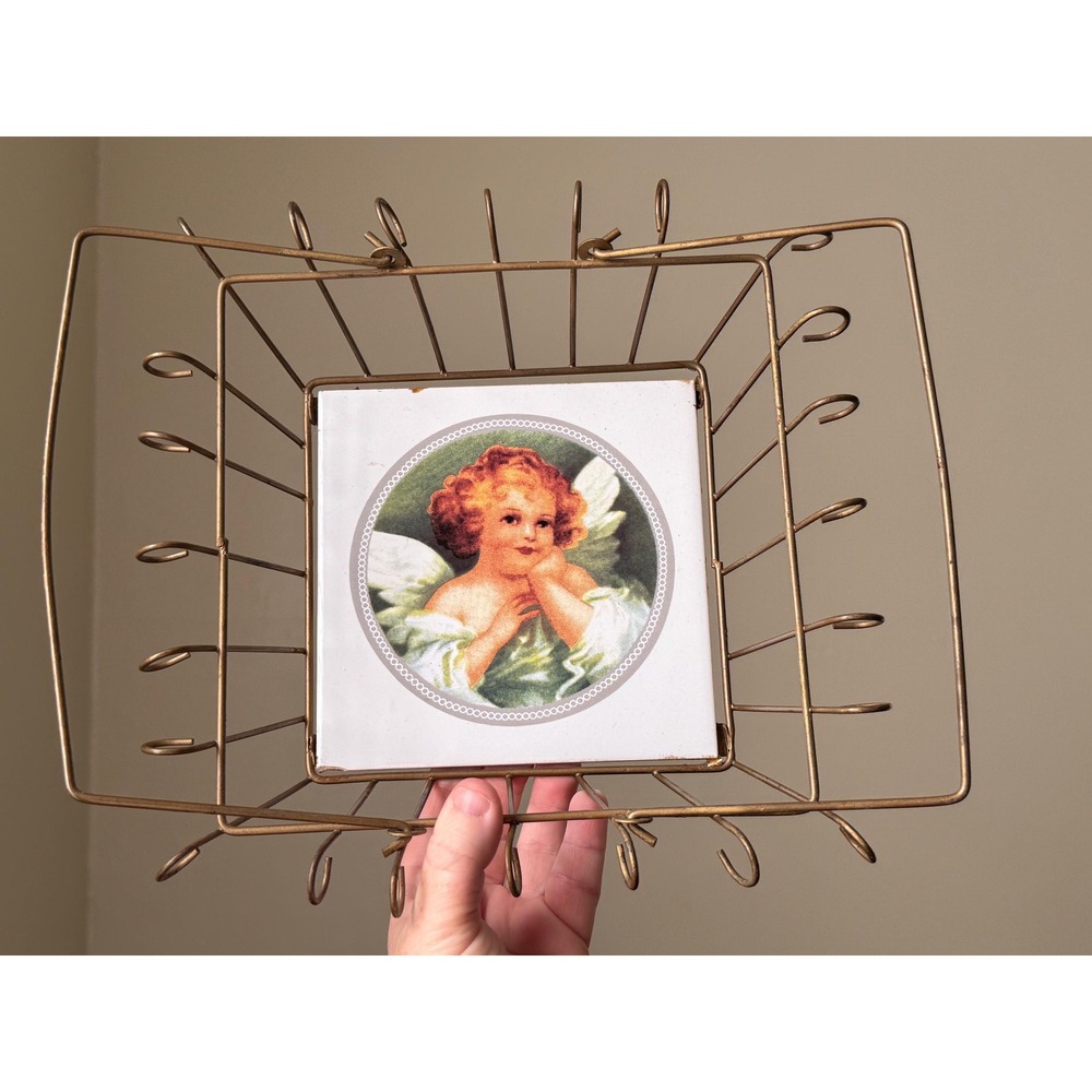 Vintage Metal Wire Decor Basket with Ceramic Angel Tile and Handles